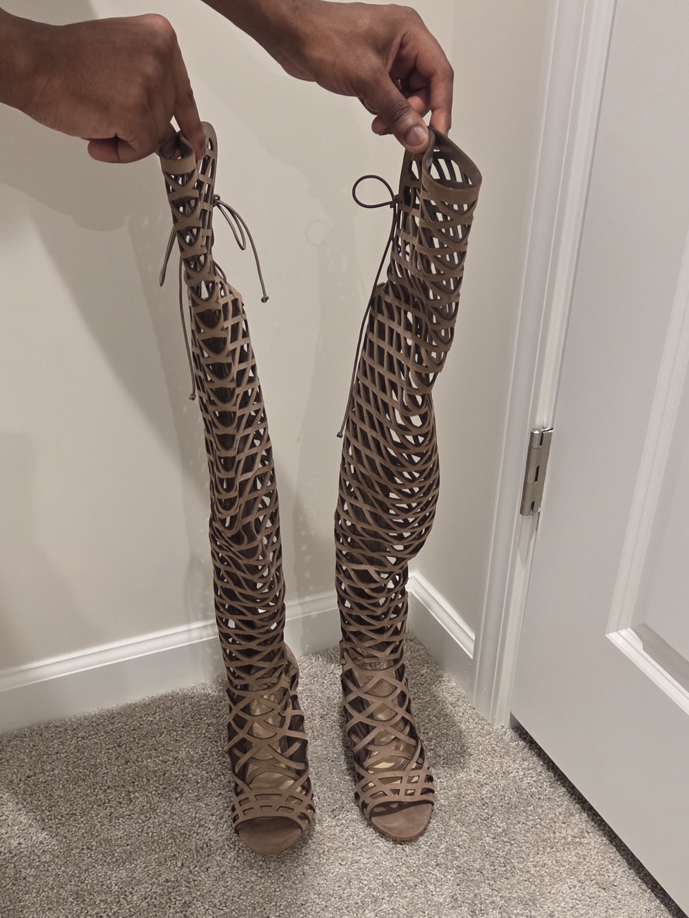 Vince Camuto Taupe Lattice Over-the-Knee Heeled Boots - Picture 2 of 4